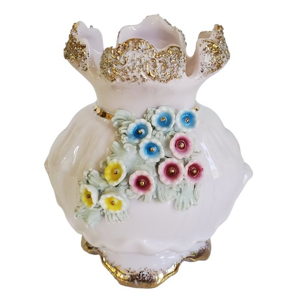 Lefton Other - Vintage Lefton L'amour Applied Flowers Pink Vase Porcelain Gold Stippled Edges